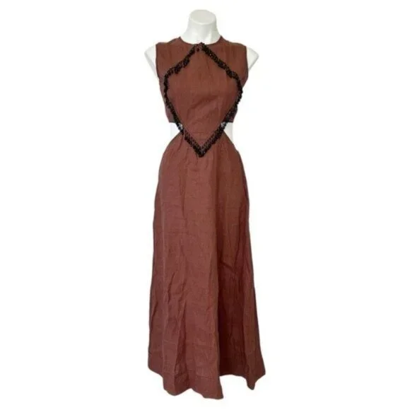 Ganni Bead Embellished Hemp Cut Out Root Beer Brown Midi Dress Size L - Picture 3 of 15